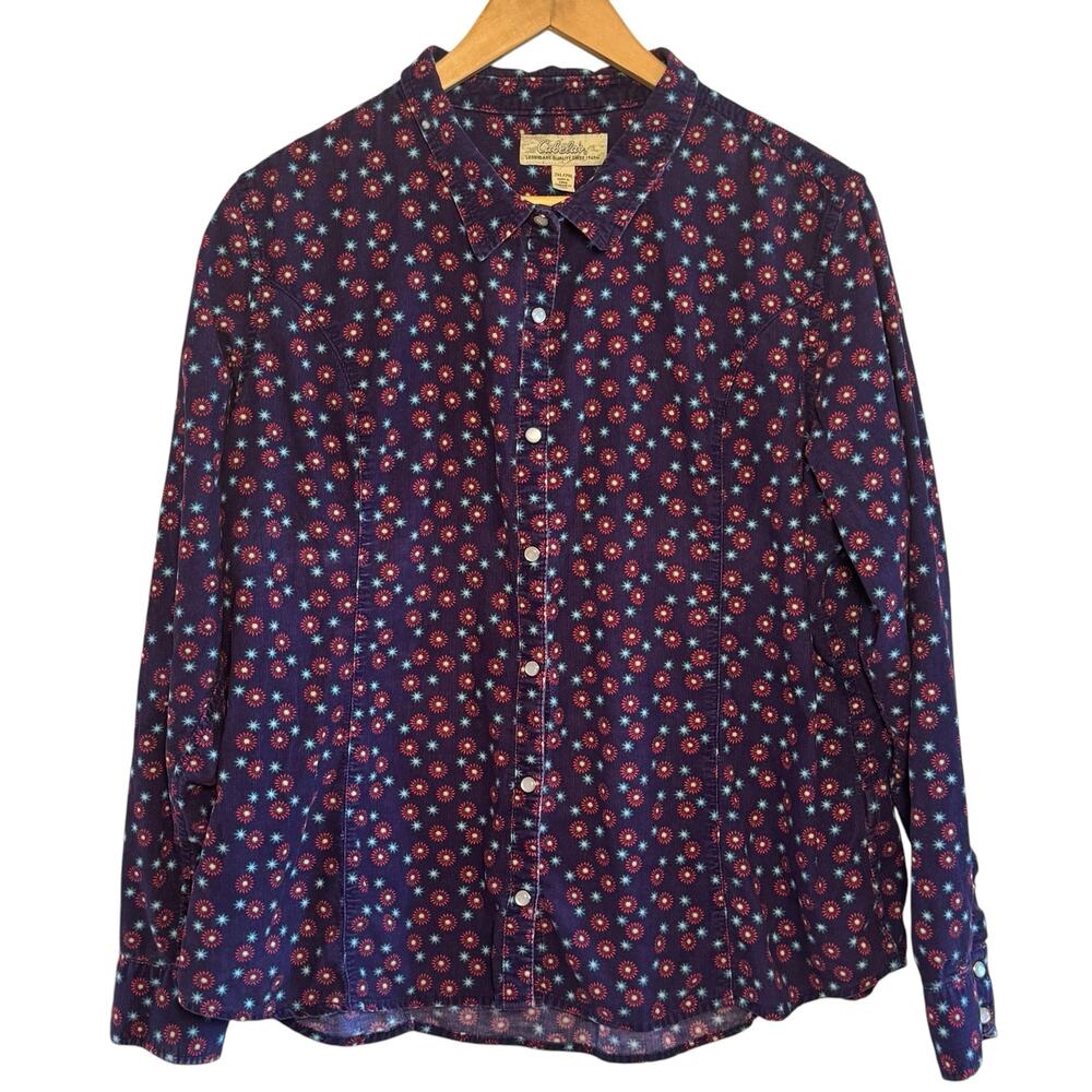 Cabela's Women 2XL Pearl Snap Starburst Floral Print Corduroy 100% Cotton Shirt